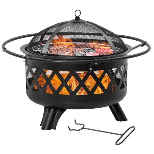 Outsunny 2-in-1 Outdoor Fire Pit with BBQ Grill, Patio Heater Log Wood Charcoal Burner, Firepit Bowl w/Spark Screen Cover, Poker for Backyard Bonfire