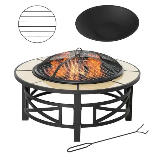 Outsunny Metal Large Fire Pit, Outdoor Firepit Bowl with Grill, Spark Screen Cover, Fire Poker for Garden, Bonfire, Patio, 84 x 84 x 52cm, Black