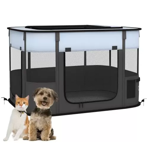 PawHut Foldable Dog Pen with Storage Bag for Indoor Outdoor Use, Portable Pet playpen, with Ground Stakes Grey