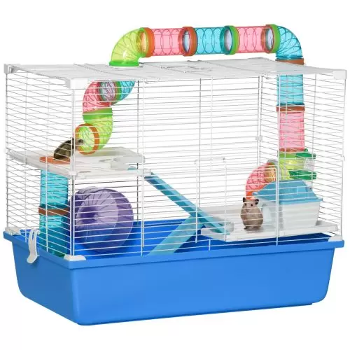 PawHut Hamster Cage, Gerbil Cage 3 Tier for Dwarf Hamster with Tube, Exercise Wheel, Water Bottle, Food Dish 59 x 36 x 47 cm Blue