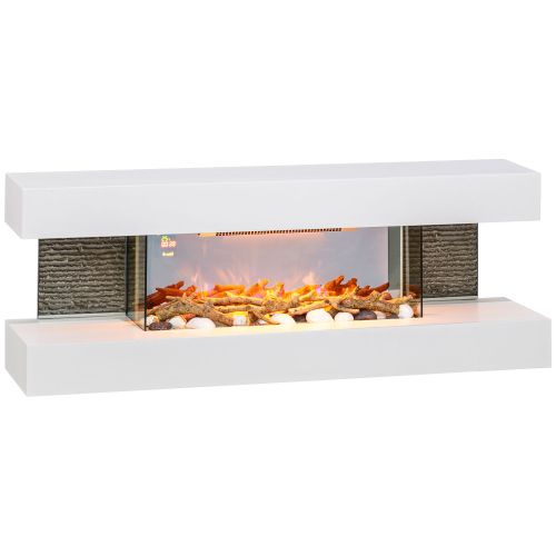 HOMCOM 47inch 120cm Electric Fireplace Wall Mounted, Freestanding, Glass Electric Fire Suite with Mantel, Adjustable LED Flame Effect, Log, Pebble, Remote Control, 2000W, White