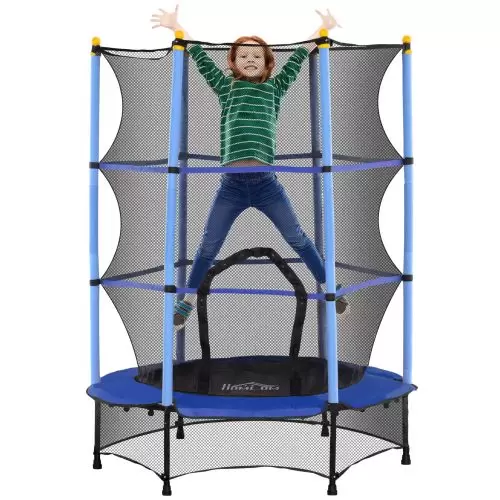 HOMCOM 4.6FT 55" Kids Trampoline with Safety Enclosure, Outdoor Indoor Use, for Ages 3 10 Years, Blue