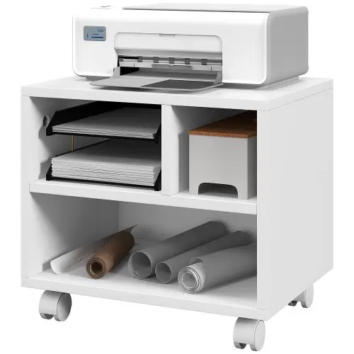 HOMCOM Three Compartment Printer Cabinet, with Wheels White