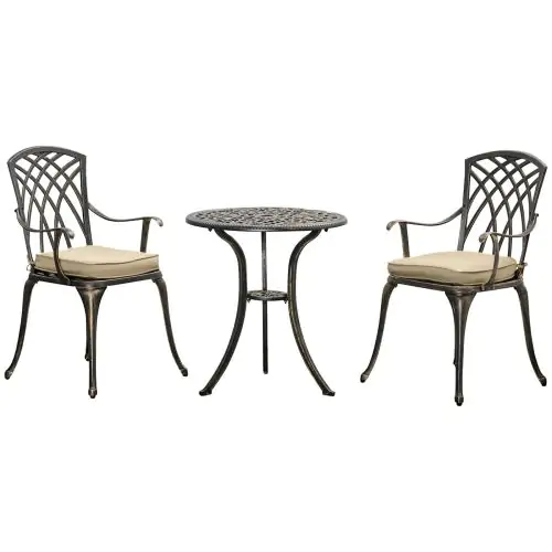 Outsunny 3 Piece Cast Aluminium Garden Bistro Set for 2 with Parasol Hole, Outdoor Coffee Table Set with Cushions - Bronze