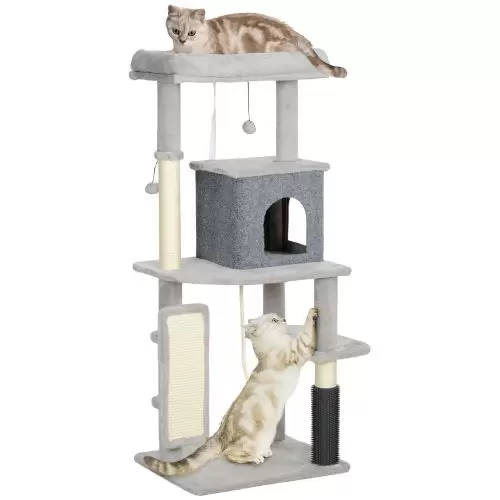 PawHut 132cm Cat Tree w Scratching Posts, Pad, Cat Bed, Cat House, Jumping Platform, Grooming Brush, Anti Tip Kit, Light Grey