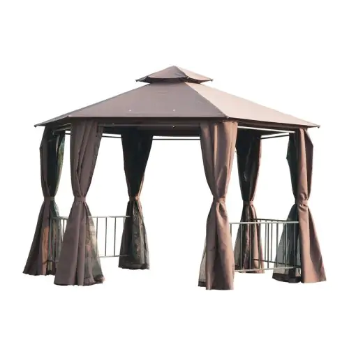 Outsunny Hexagon Gazebo Patio Canopy Party Tent Outdoor Garden Shelter w/ 2 Tier Roof & Side Panel - Brown