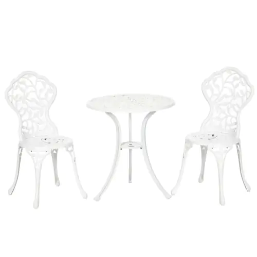 Outsunny 3 Pcs Aluminium Bistro Set Garden Furniture Dining Table Chairs Antique Outdoor Seat Patio Seater White