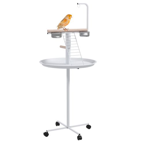 PawHut Bird Stand with Four Wheels, Perches, Stainless Steel Feed Bowls, Round Tray, for Garden, Indoor, Outdoor White