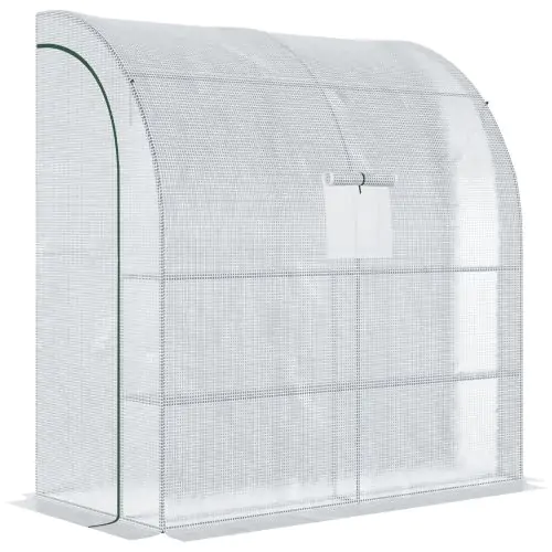 Outsunny Walk-In Lean to Polytunnel Greenhouse with Windows and Doors 2 Tiers 4 Wired Shelves 200L x 100W x 215Hcm White