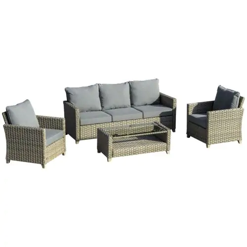 Outsunny 5-Seater Patio Wicker Sofa Set, Outdoor PE Rattan Sectional Conversation Aluminium Frame Furniture Set w/ Padded Cushion, 2-Tier Table Brown