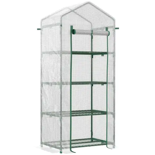 Outsunny 4 Tier Mini Greenhouse, Portable Green House with Steel Frame, PE Cover, Roll-up Door, 70 x 50 x 160 cm, White