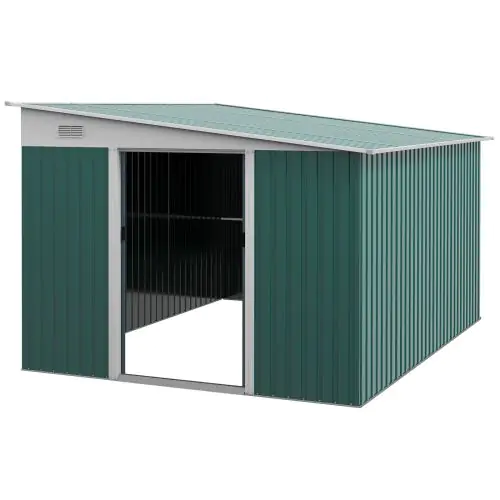 Outsunny Garden Metal Storage Shed Outdoor Metal Tool House with Double Sliding Doors and 2 Air Vents, 11.3x9.2ft, Green