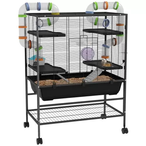 PawHut Large Hamster Cage, Gerbil Cage with Tubes, Storage Shelf, Ramps, Platforms, Running Wheel Black