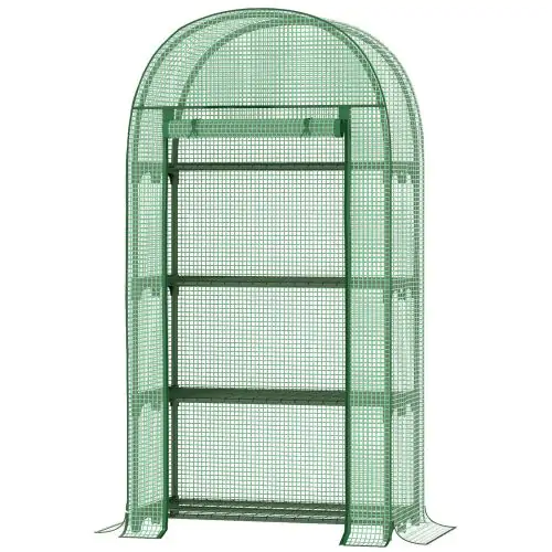 Outsunny 80x49x160cm Mini Greenhouse for Outdoor, Portable Gardening Plant with Storage Shelf, Roll-Up Zippered Door, Metal Frame and PE Cover, Green