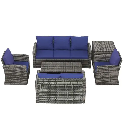 Outsunny 6 Pieces Outdoor Rattan Wicker Sofa Set Sectional Patio Conversation Furniture Set w/ Storage Table & Cushion Navy Blue