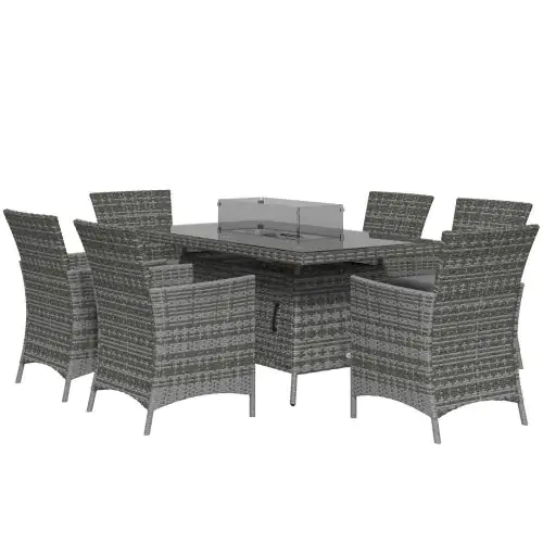 Outsunny 7 Pcs PE Rattan Dining Sets w/ Fire Pit Table, Garden Dining Set w/ Heater Table, Armchairs w/ Cushions, Glass Windscreen, 50,000 BTU, Grey