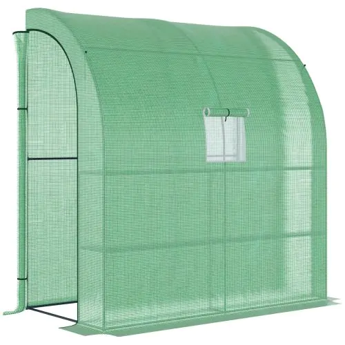 Outsunny Lean to Greenhouses with Windows and Doors 2 Tiers 4 Wired Shelves 200L x 100W x 215Hcm Green