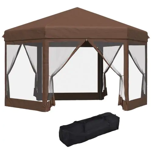 Outsunny 3x3.5m Hexagonal Pop Up Gazebo Party Canopy Height Adjustable Tent Sun Shelter w/ Mosquito Netting Zipped Door, Brown