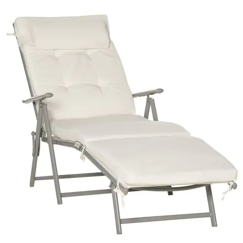 Outsunny Outdoor Patio Sun Lounger Garden Texteline Foldable Reclining Chair Pillow Adjustable Recliner with Cushion - Cream White