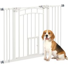 PawHut Pressure Fit Stair Dog Gate w Small Cat Door, Automatic Closing Door, Double Locking, for 74 100cm Openings White