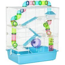 PawHut Hamster Cage w Water Bottle, Exercise Wheel, Tubes, Ramps Light Blue