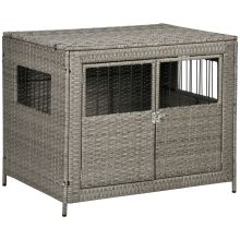 PawHut Wicker Dog Cage, Dog Crate with Lockable Door and Soft Washable Cushion for Medium to Large Sized Dogs, 85 x 61 x 70 cm, Grey