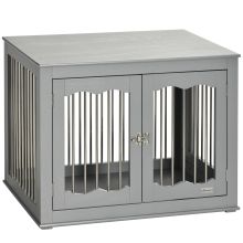 PawHut Dog Crate End Table Furniture Style Dog Cage w Three Doors, Locks and Latches Grey