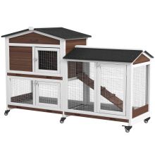 PawHut Wooden Two Tier Pet Hutch with Wheels, Run Brown