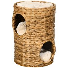 PawHut 47cm Cat Barrel Tree for Indoor Cats with 2 Cat Houses, Kitten Tower with Cushion Light Brown