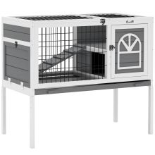 PawHut Wooden Rabbit Hutch, Guinea Pig Cage, with Removable Tray, Openable Roof, Grey