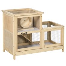 PawHut Wooden Hamster Cage with Sliding Tray, 2 Tiers Gerbil Cage Mice Rodent Small Animal Hutch with Run Area, Openable Roofs, Ramp, Seesaw, Running Wheel, 78 x 41.5 x 60 Natural