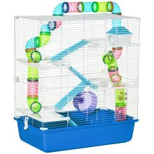 PawHut 5 Tier Hamster Cage, Gerbil Cage with Tube, Water Bottle, Exercise Wheel, Food Dish, 59L x 36W x 69H cm Blue