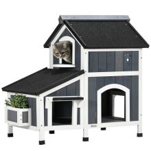 PawHut Wooden Outdoor Cat House with Flower Pot, Windows, Multiple Entrances, Water Resistant Roof Grey