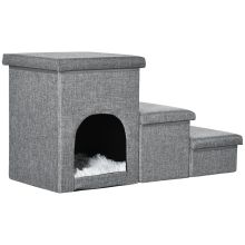 PawHut Dog Steps 3 step Pet Stairs with Kitten House and 2 Storage Boxes, 3 in 1 Dog Ramp for Sofa with Washable Plush Cushion