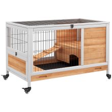 PawHut Wooden Guinea Pig Hutch, 2 Floor Bunny Cage w Enclosed Run Area, Yellow