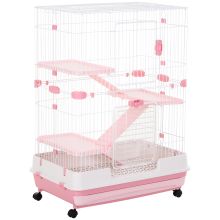 PawHut Four Tier Small Animal Cage, for Bunnies, Ferrets, Chinchillas w Wheels, Tray Pink