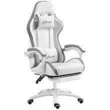 Vinsetto Computer Gaming Chair, PU Leather Desk Chair with Footrest, Swivel Task Chair with 135? Reclining Back and Lumbar Support, PC Chair for Adults, White and Grey