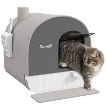 PawHut Hooded Cat Litter Box, Kitten Litter Tray, with Lid, Scoop, Filter, Flap Door, Light Grey