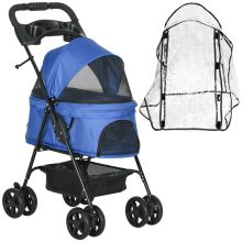 PawHut Dog Stroller with Rain Cover, Dog Pushchair One Click Fold Trolley Jogger with EVA Wheels Brake Basket Adjustable Canopy Safety Leash for Small Dogs, Blue