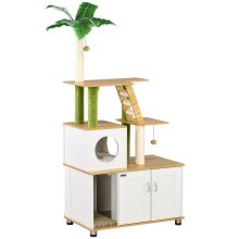 PawHut 2 in 1 Hidden Cat Litter Box, Green Leaf Cat Tree, with House, Ladder, Scratching Posts, Platforms, Indoors Oak