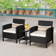  2-Seater PE Rattan Side Table & Armchair Bistro Set w/ Pillows Black