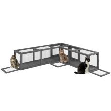 PawHut Cat Tunnel, 250cm Extra Long Wooden Cat Play Tunnel with 8 Doors, L shape Rectangle, Outdoor Cat Enclosures, Dark Grey