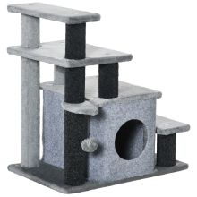 PawHut Adjustable Cat Steps, with House & Hanging Toy Ball Grey