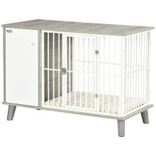 PawHut Dog Crate Furniture, Indoor Pet Kennel Cage, Top End Table w Soft Cushion, Lockable Door, for Small Dogs, 98 x 48 x 70.5 cm Grey