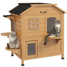 PawHut?2 story Cat House Outdoor, Weatherproof?Wooden Cat Enclosure for Feral Cats with Escape Door, Openable Roof, Jumping Platforms, Natural Wood Finish