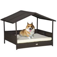 PawHut Wicker Dog House, Rattan Pet Bed, with Removable Cushion, Canopy, for Small and Medium Dogs Cream