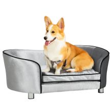 PawHut Dog Sofa Pet Chair, Kitten Bed Couch w Wooden Frame, Removable Cushion Silver Tone and Grey