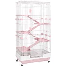 PawHut Six Tier Small Animal Cage, for Bunnies, Ferrets, Chinchillas w Wheels, Tray Pink