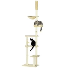 PawHut Floor to Ceiling Cat Tree for Indoor Cats, 6 Tier Play Tower Climbing Activity Center with Scratching Post, Platforms, Bed, Hammock, Adjustable Height 230 250cm, Beige