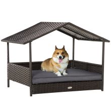 PawHut Wicker Dog Bed, Elevated Rattan Dog House with Removable Cushion and Canopy, for Small and Medium Dogs, 98 x 69 x 70cm Grey